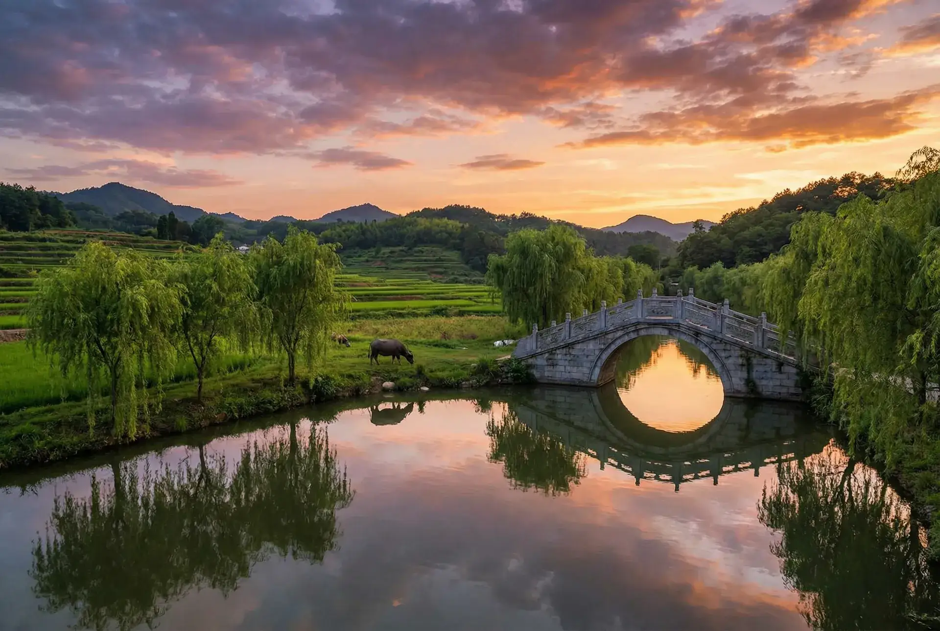夕阳下的石拱桥与垂柳，水牛在河边吃草 - 三小网站 乡村美景